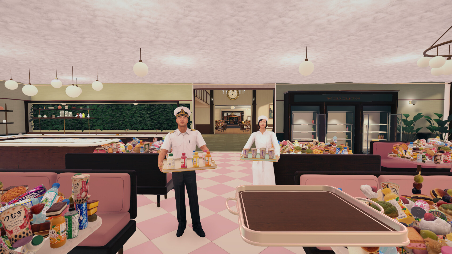 Two crew members carrying trays in the Boba Salon