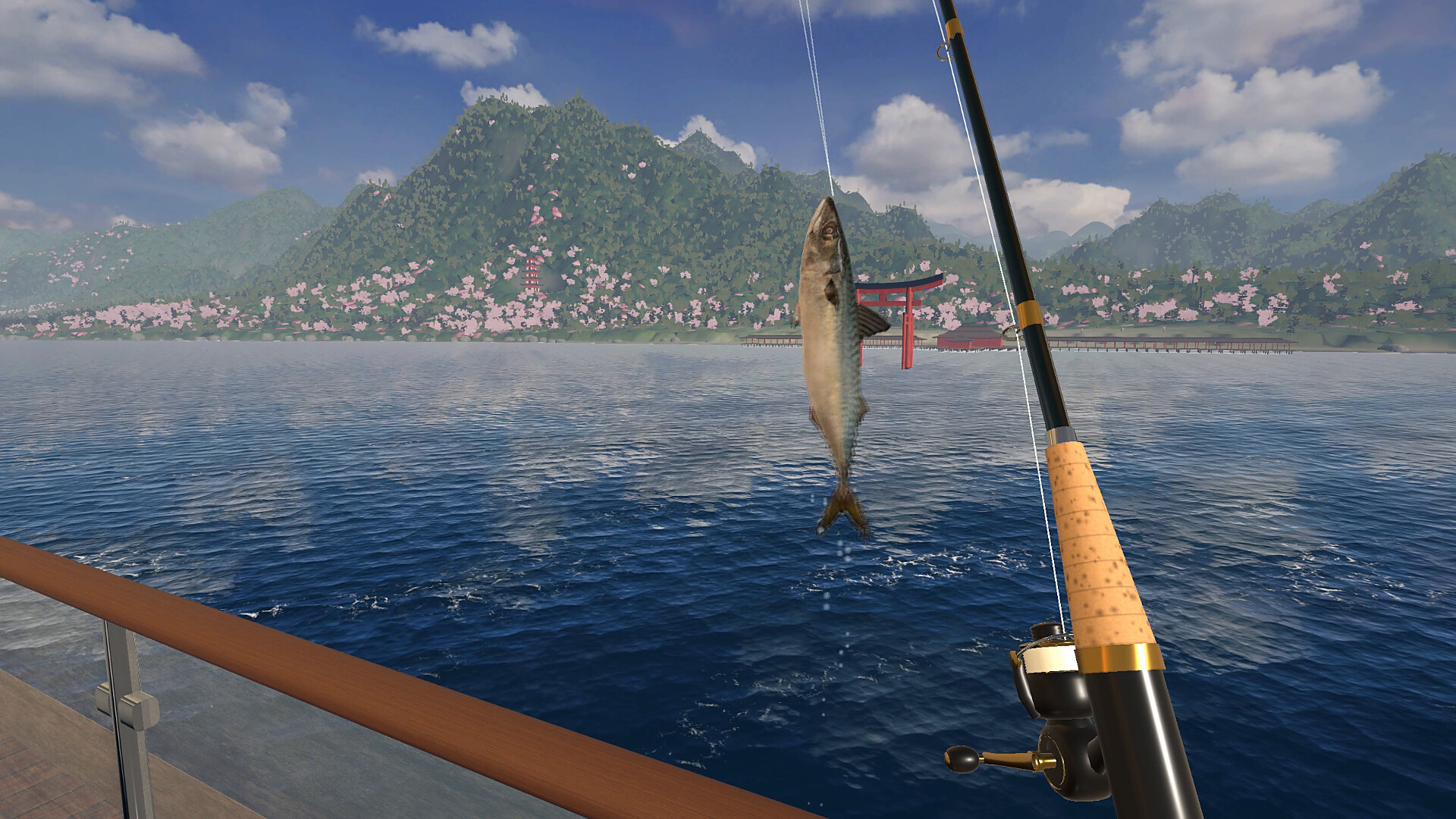 Fishing from the deck off a cherry blossom coast