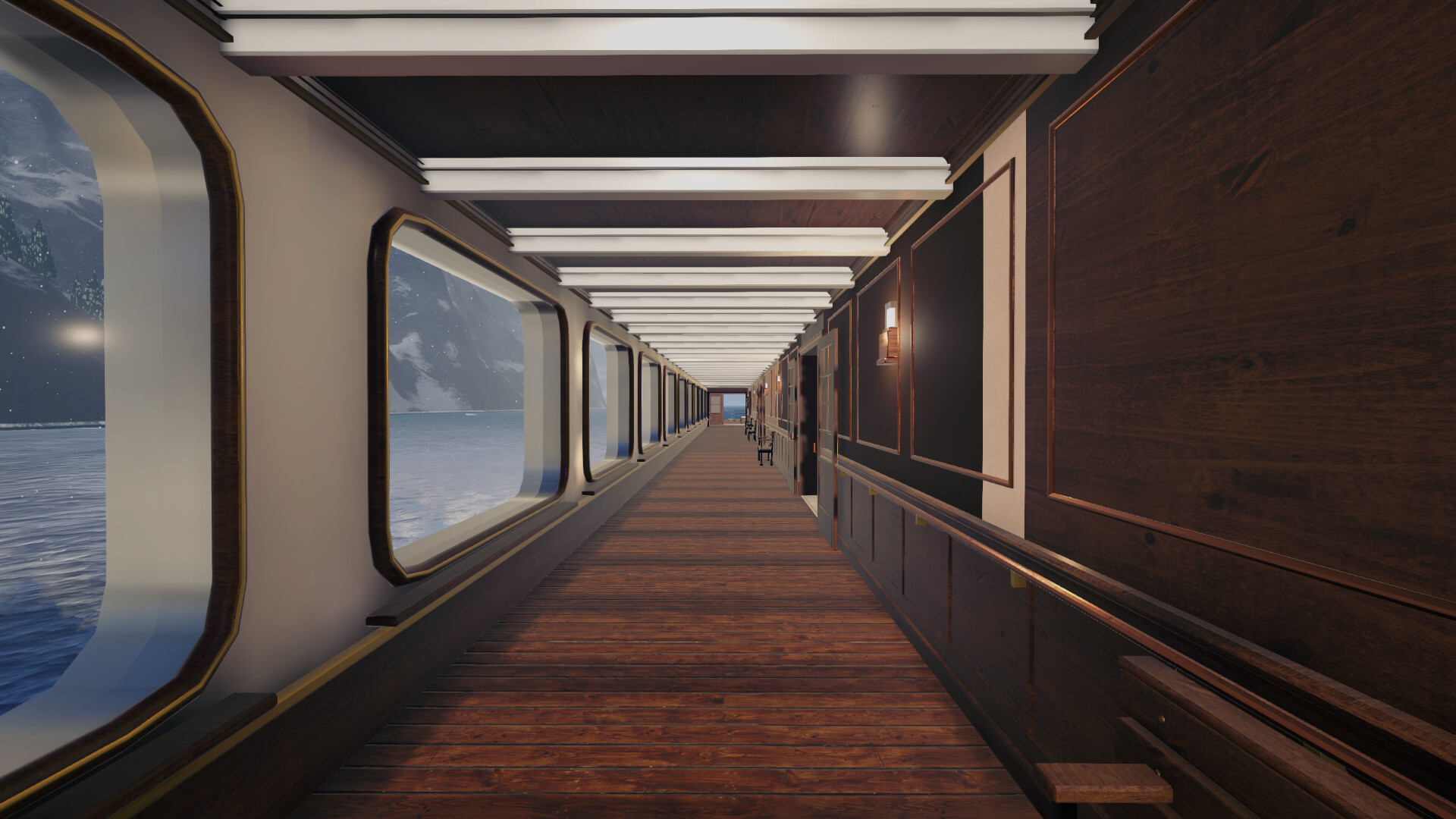 A corridor of the liner, snowy fjord through the windows