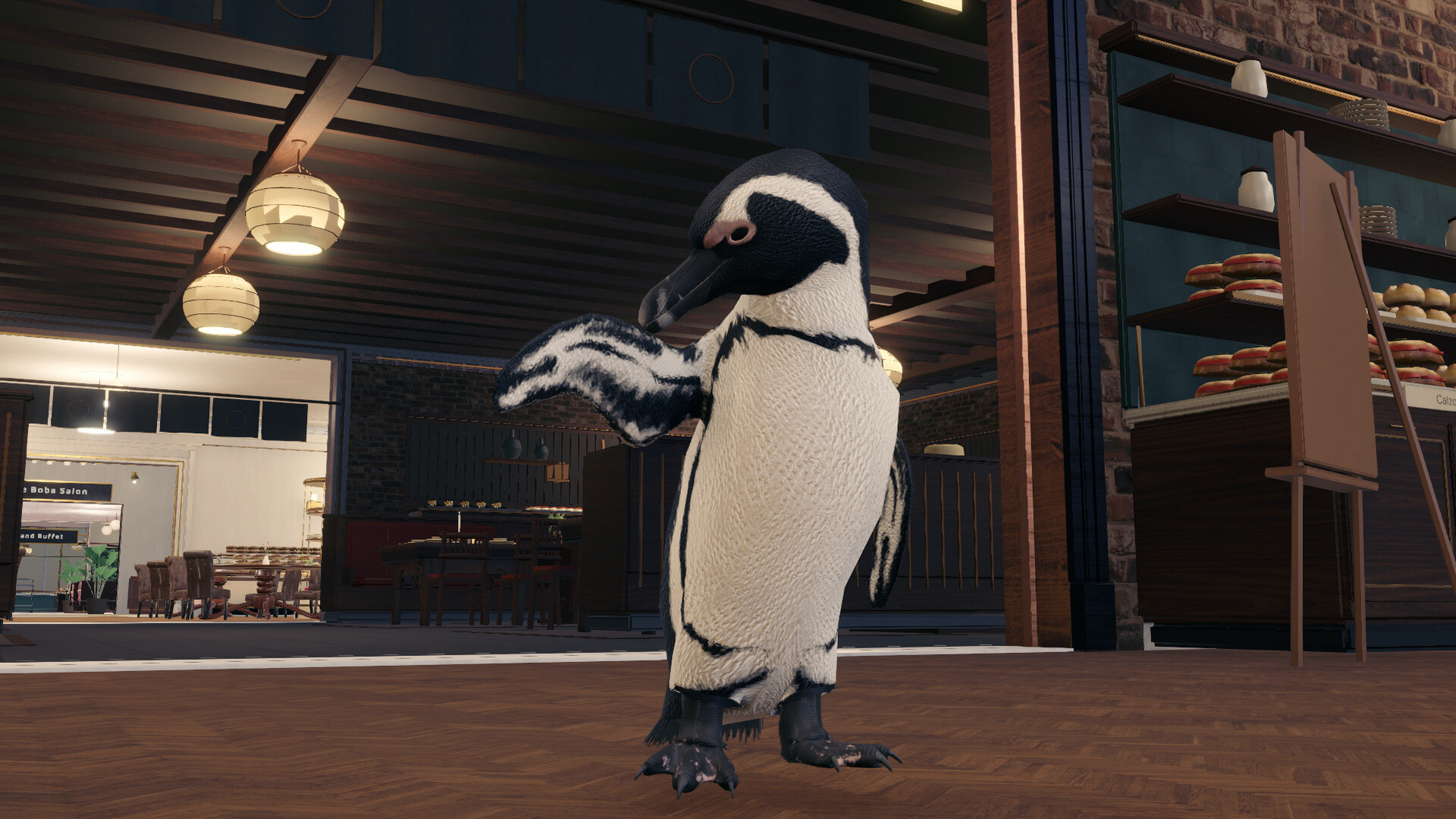 A penguin standing in a corridor of the liner